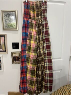 Patchwork Plaid Strapless Wide-Leg Jumpsuit